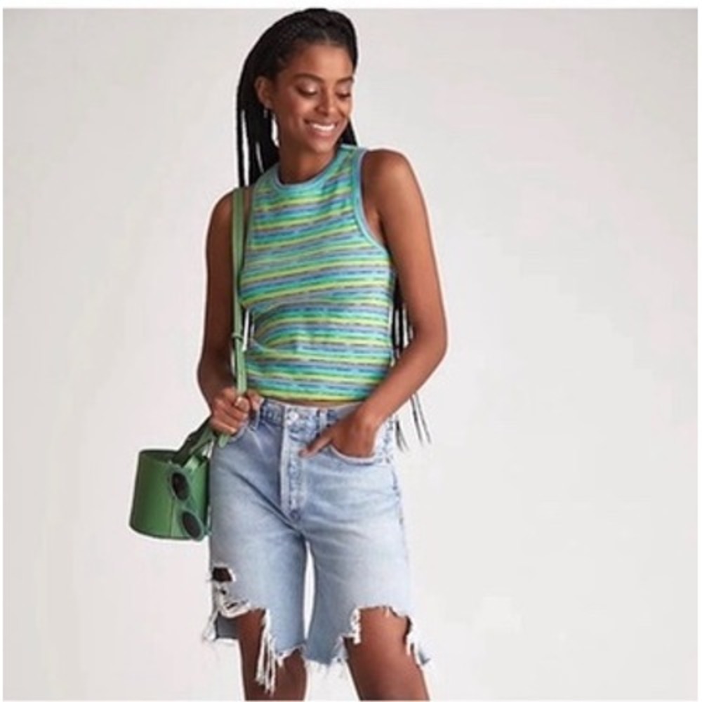 Anthropologie Striped Ribbed Knit Tank Top Green Blue Purple Racerback Tank